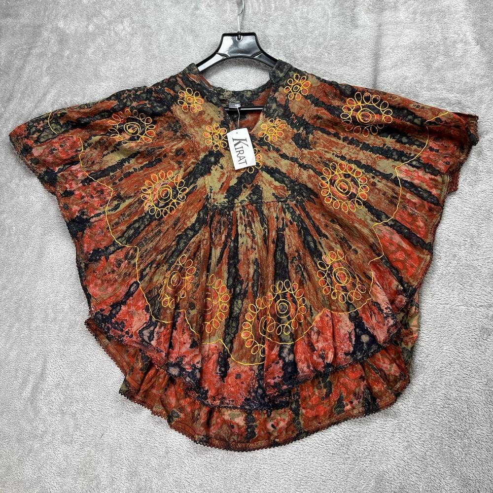Kirat Boho Tie Dye V-Neck Blouse Women's Size F Embroidery Multi-Color Round Hem
